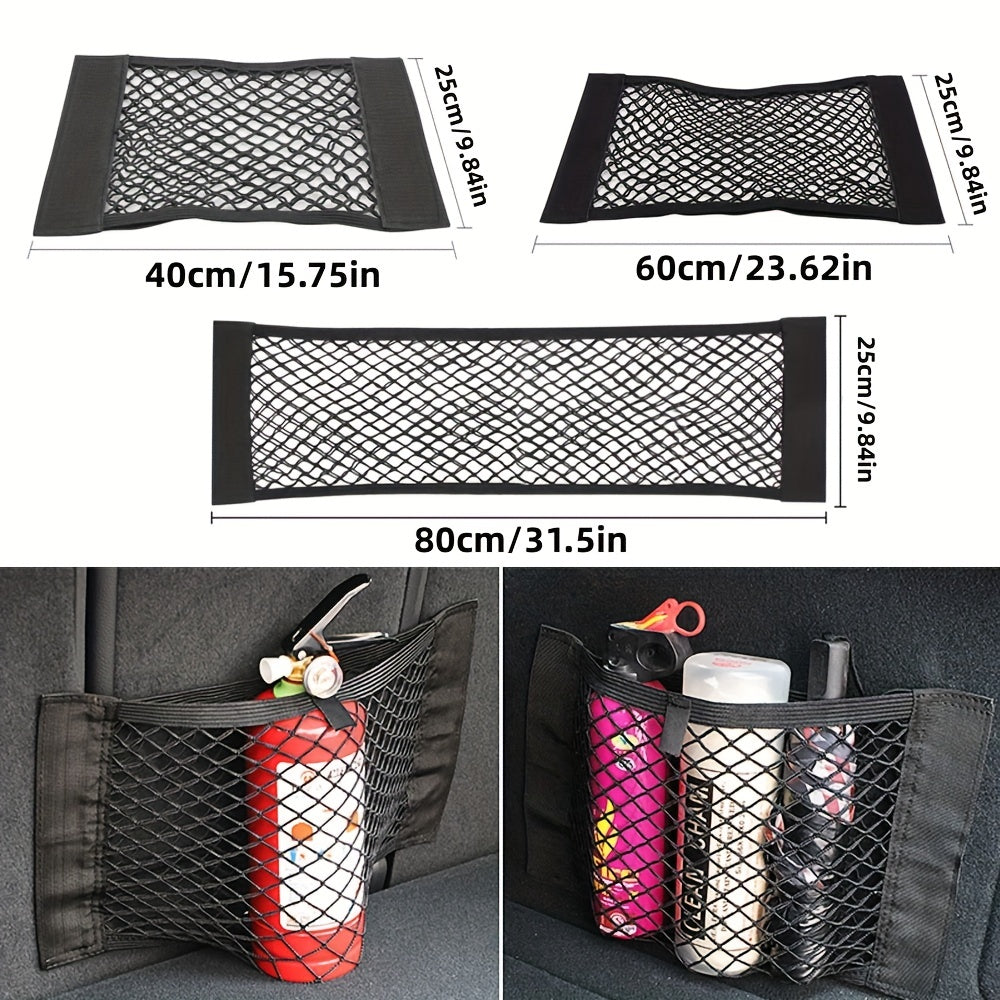 Universal auto organizer with practical storage pockets and elastic mesh trunk seat back.