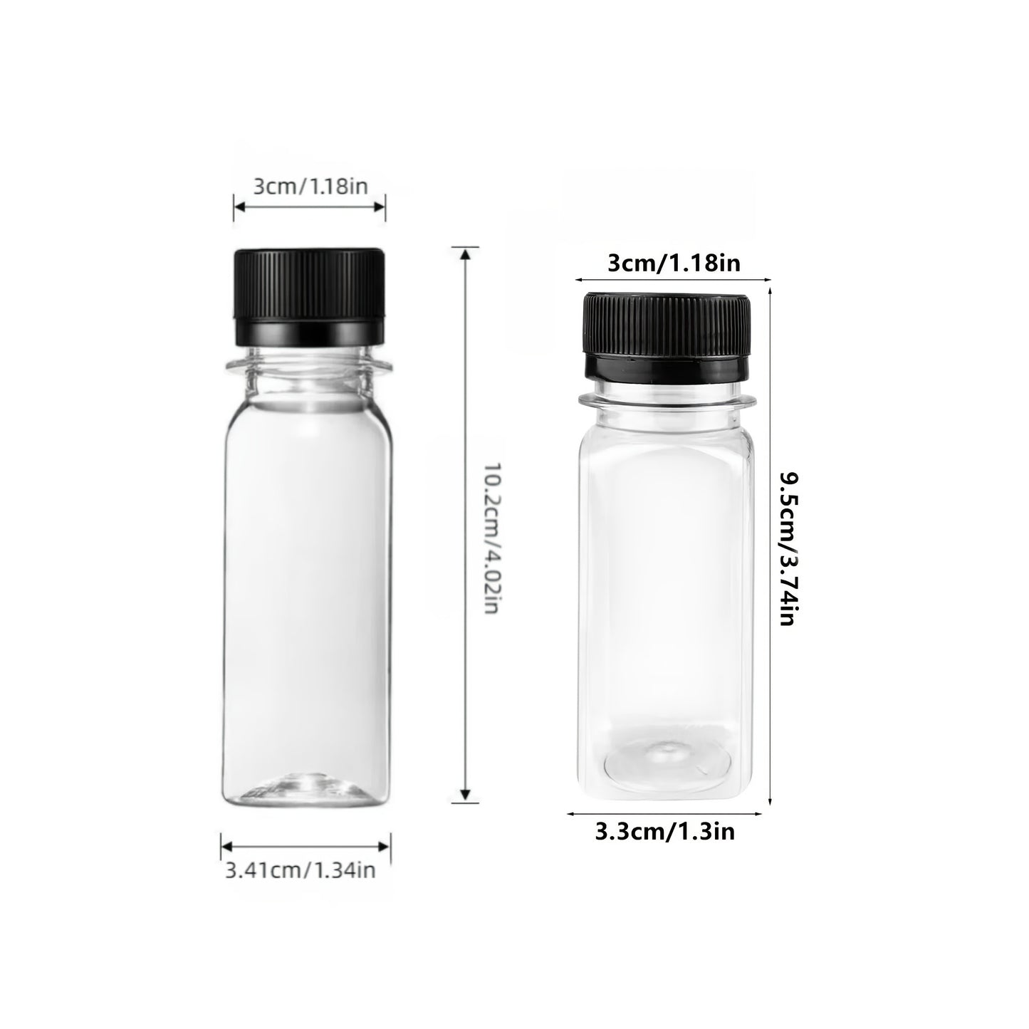 Leakproof 2oz mini shot bottles with screw caps made from food-grade plastic. Ideal for juice and wellness shots. Freezer safe and BPA-free.