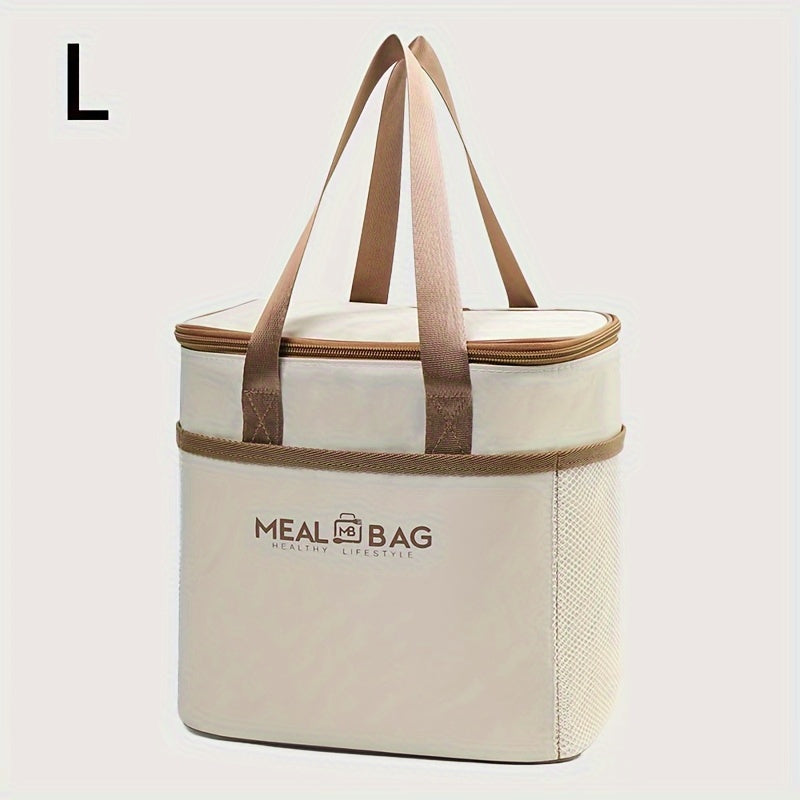 Set of insulated lunch bags with handle, made of hand washable light beige polyester material, featuring a thick aluminum foil lining for insulation. These waterproof thermal food container totes come in three different sizes, perfect for work or school.