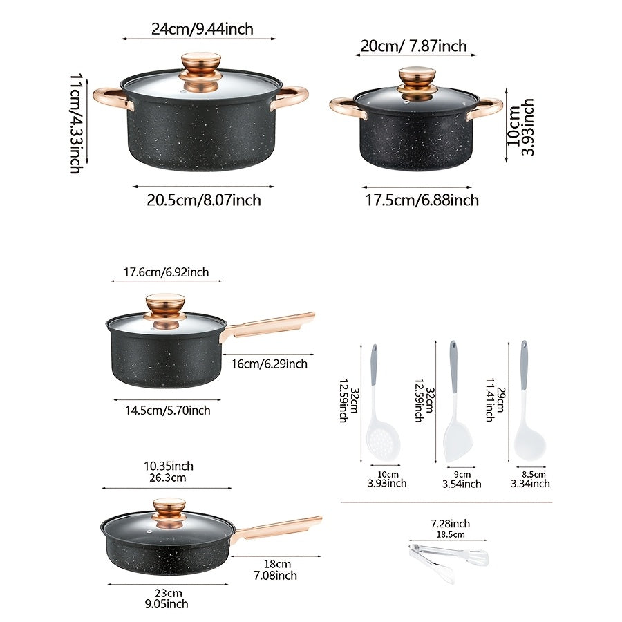 This set includes 12 pieces of stainless steel pots, featuring a non-stick surface and golden-plated handles. The set comes with silicone kitchenware and stainless steel tongs for easy cooking. It is easy to clean and includes 4 pots, 4 lids, 3 silicone