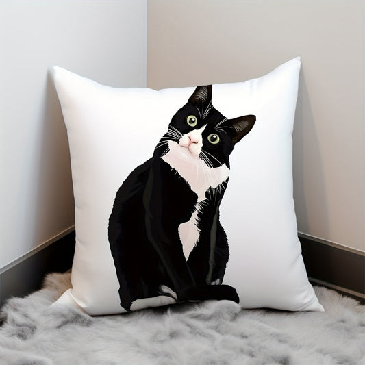 One piece of a Black Cat Realistic Print pillow cover, measuring 45x45cm (17.7x17.7in) made of Peach Skin Velvet. This Contemporary Style Decorative Cushion Case is suitable for use in a car, sofa, living room, bedroom, or any other home decor. The cover