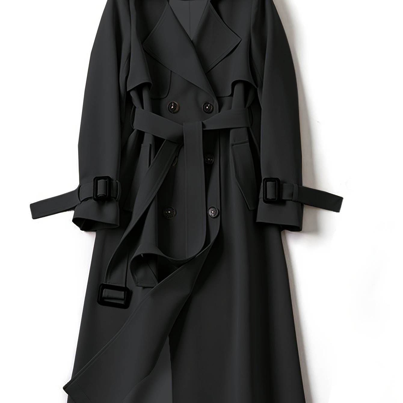 Double-breasted trench coat with lapel collar, belt, and long sleeves for fall & winter in plus sizes.