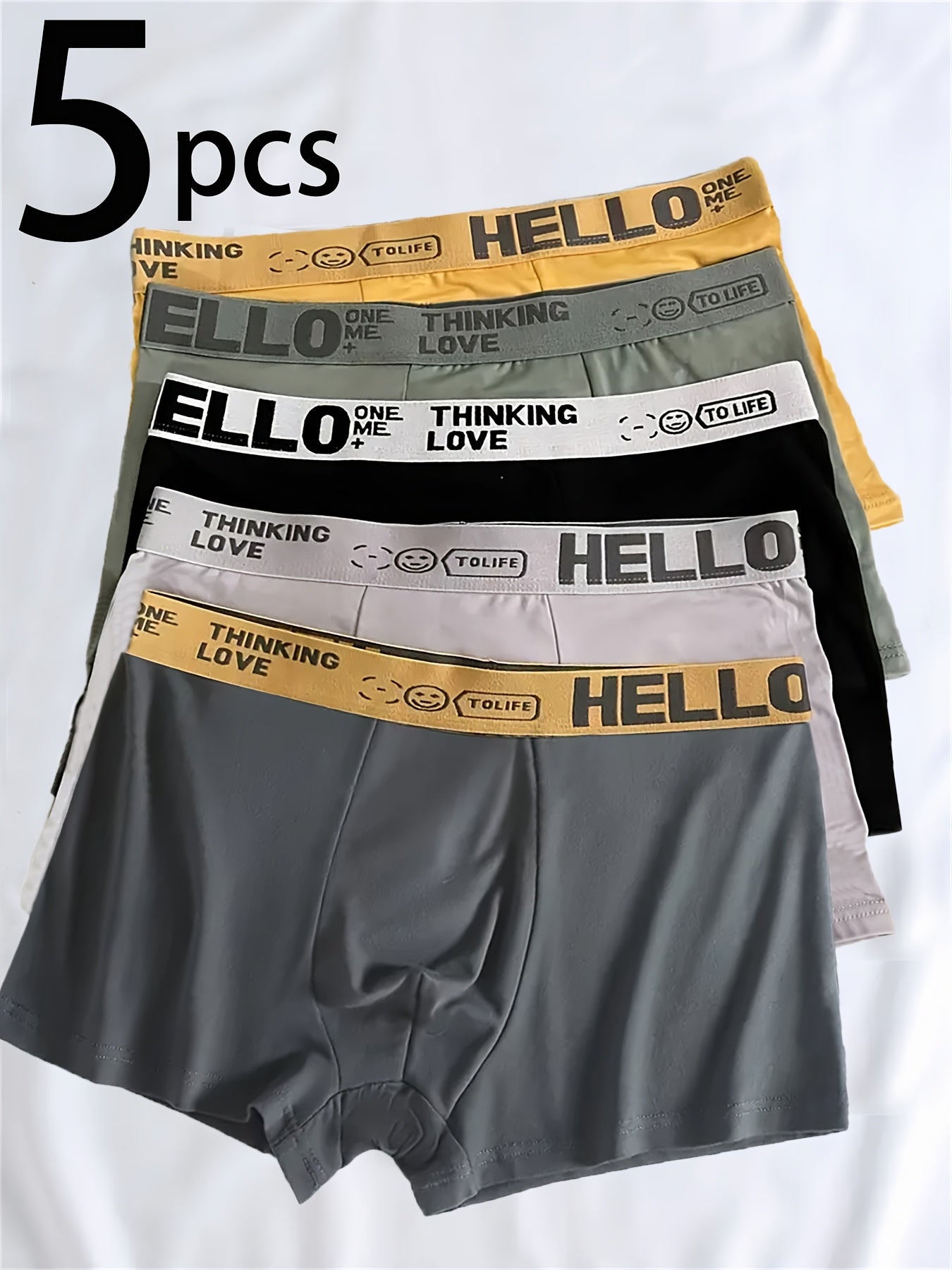 Men's 5-pack polyester boxer briefs with medium stretch and breathable comfort, featuring "HELLO" print and quick-dry technology.