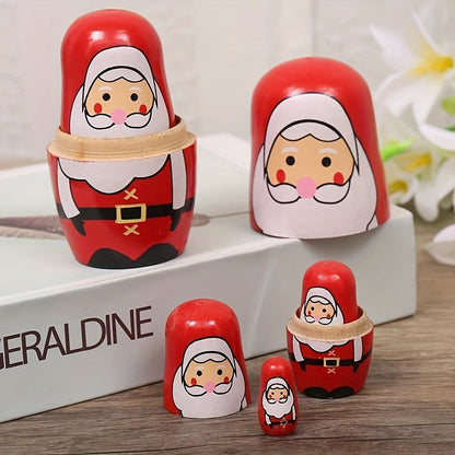 Handmade wooden Santa nesting dolls for kids, perfect for holidays.