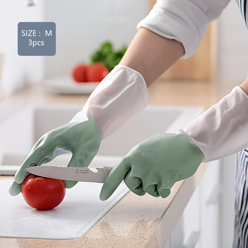 Three pairs of high-quality household cleaning gloves for premium protection. These waterproof kitchen gloves are perfect for dishwashing and other housework tasks. Their non-slip design makes them ideal for a variety of cleaning tasks, including laundry