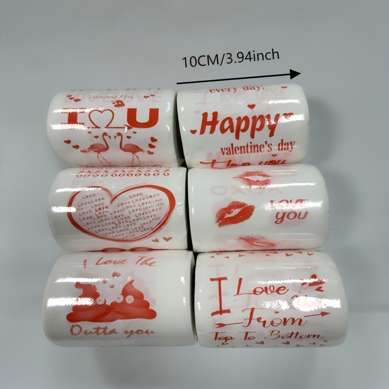 Each pack contains 2 rolls of whimsical and creative printed toilet paper, featuring a fun mix of birthday, wedding, and Valentine's Day themes. There are 6 unique combinations to choose from, including flamingos, XOXO, Cupid, red lips, hot kisses, LOVE