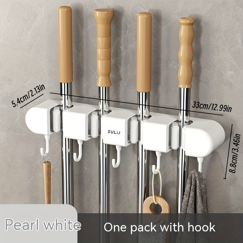 1pc Wall-Mounted Mop Hook with 3/4 Slots, No-Drill Plastic Storage Rack for Bathroom and Balcony.