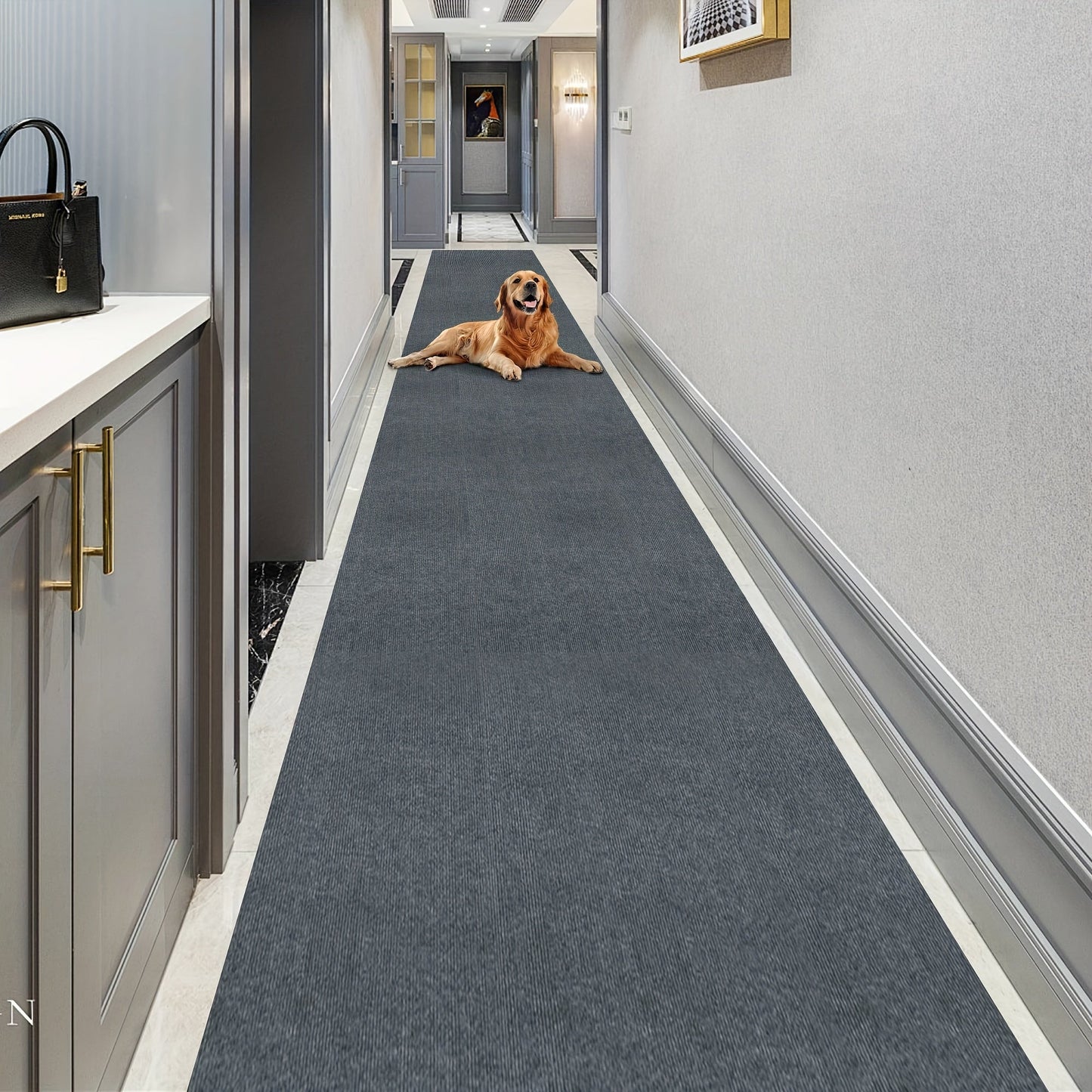 Add a touch of luxury with our Lightweight Dark Gray Striped Runner Mat. Made of non-slip, stain-resistant, and machine washable polyester, this mat is perfect for hallways, kitchens, living rooms, garages, and patios. Easy to install, it's the ideal mat