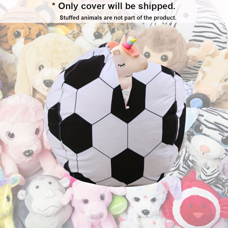 Large soccer ball bean bag chair cover with stuffed sloth plush toy included. Made of polyester material, foldable and hand washable. Can be used as a multipurpose room decor for teen boys. No electricity or batteries required.