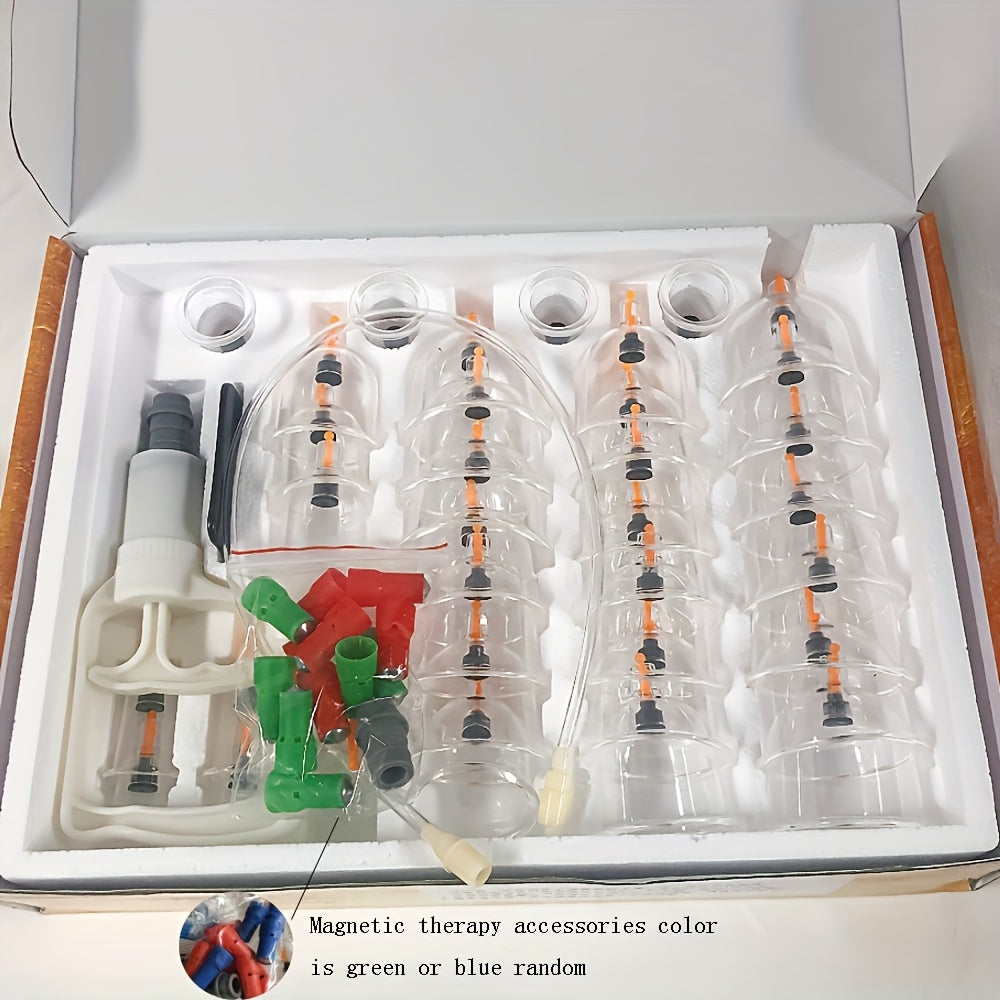 Home use vacuum cupping set with 32 suction cups.