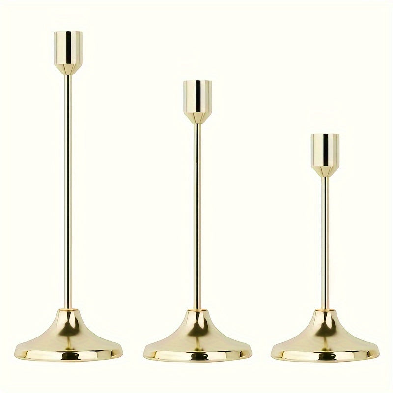 Set of 3 elegant metal candle holders in golden and rose golden finish, perfect for various festive occasions. Durable, easy to assemble, ideal for home and hotel decor. (Candles not included).