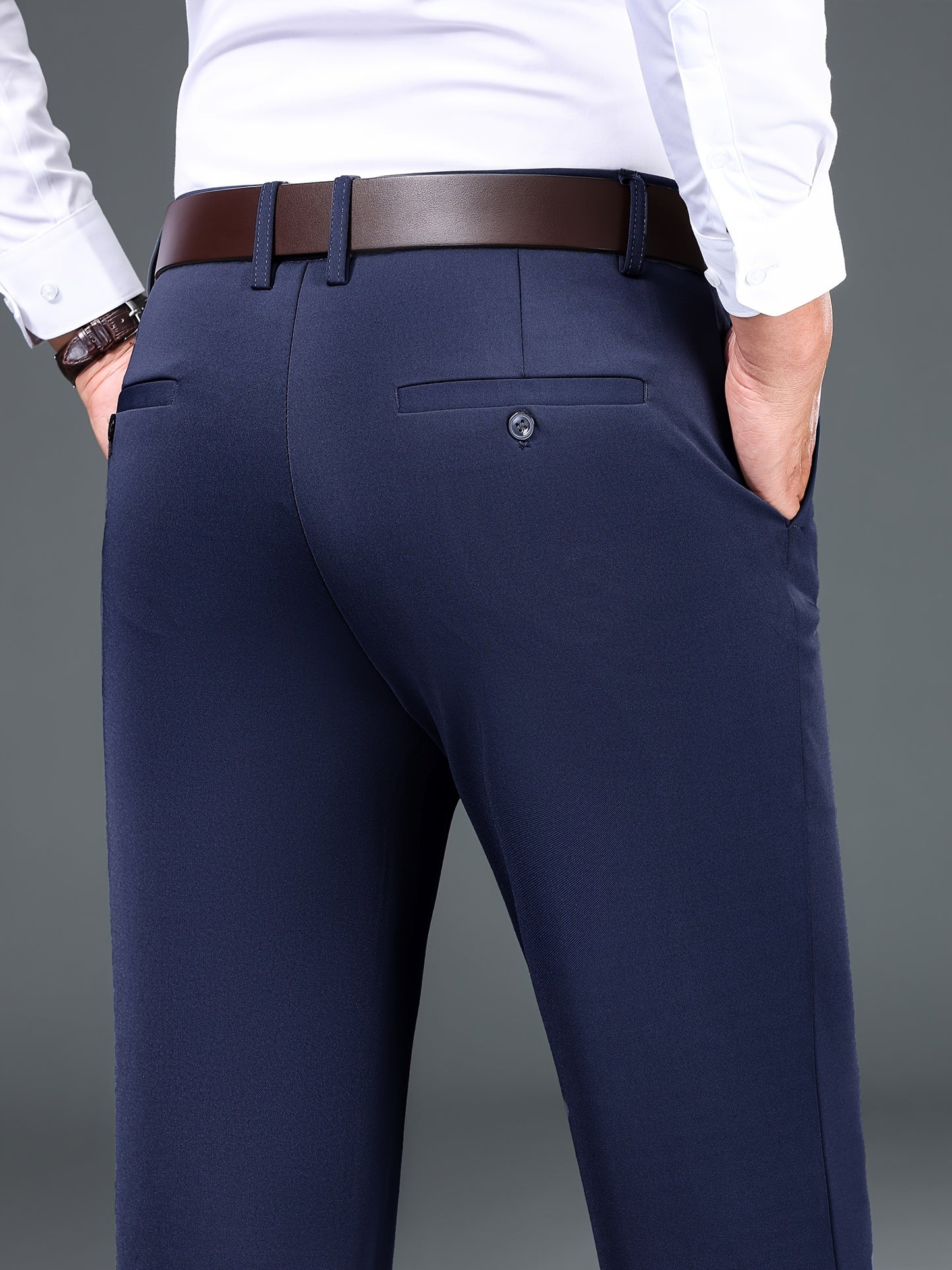 Men's solid color straight leg pants suitable for both business and casual wear.