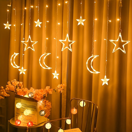 1 set of LED fairy curtain lights with stars and moon for decoration during various events including Ramadan, Valentine's Day, weddings, birthdays, graduation ceremonies, parties, and