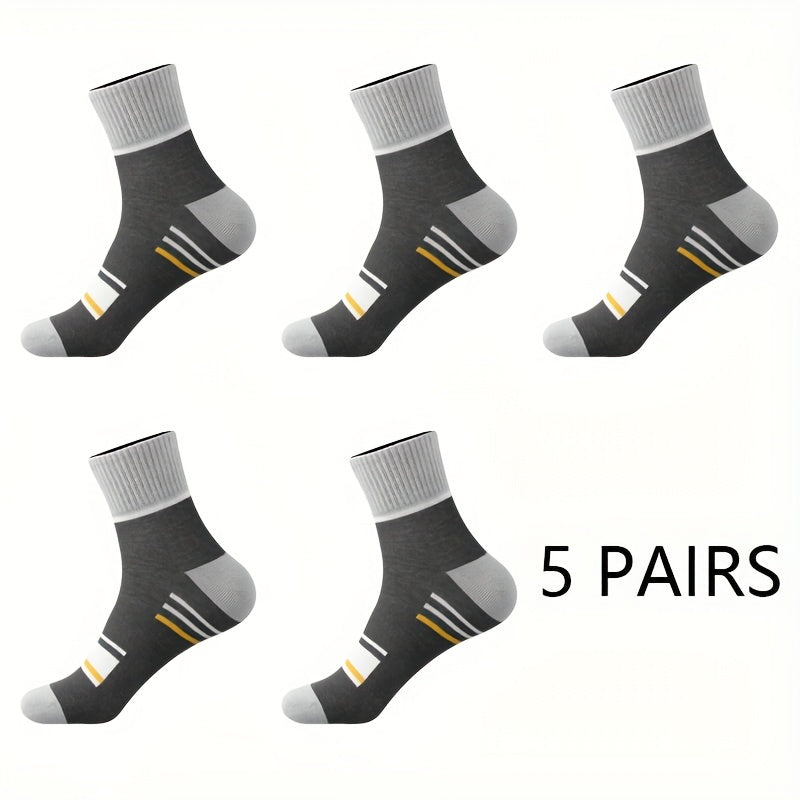 5 pairs of men's comfy, breathable crew socks with stripes, perfect for winter and autumn.