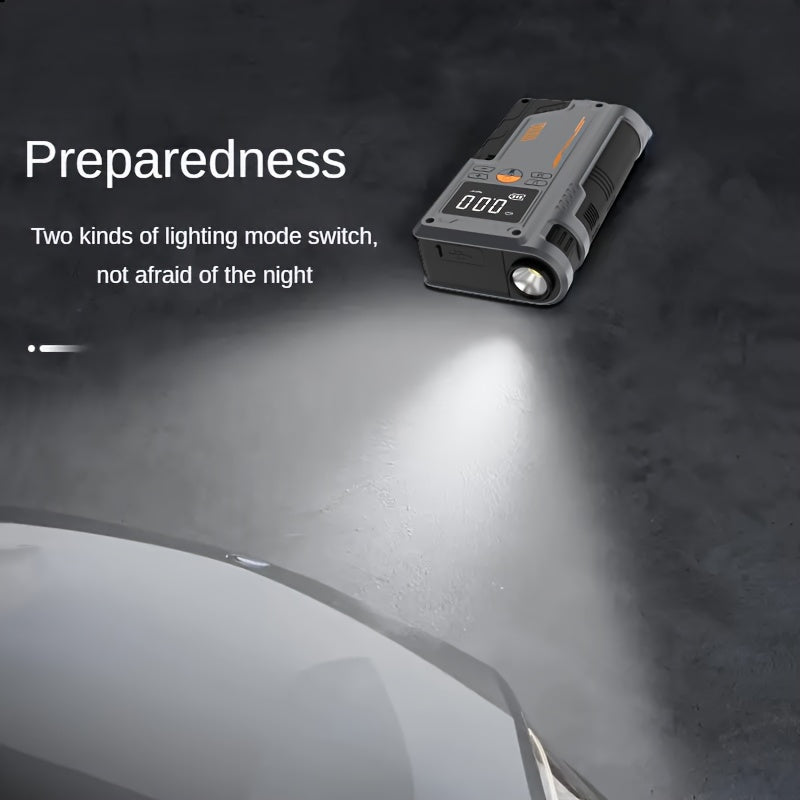 Portable wireless car emergency starter with tire inflator pump, LED flashlight, and USB rechargeable lithium battery.