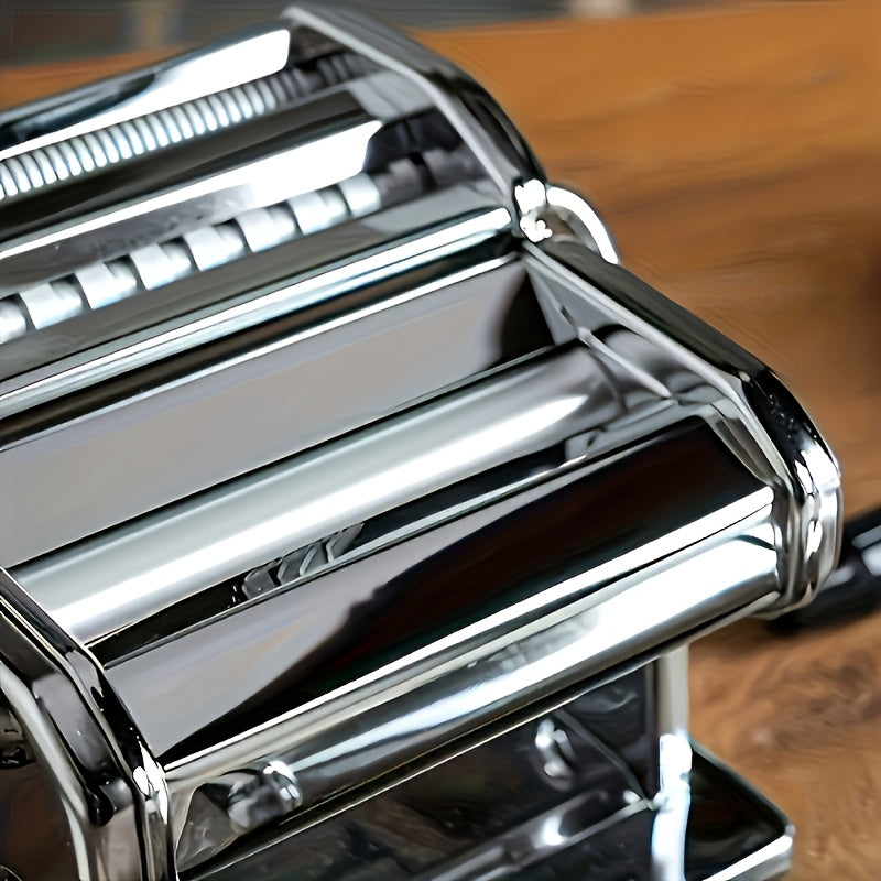 The Stainless Steel Manual Pasta Maker is a must-have kitchen tool for creating homemade spaghetti, fettuccine, and lasagna with adjustable thickness roller.