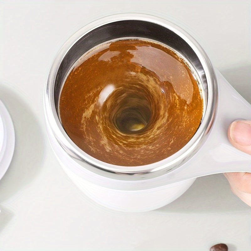 The self-stirring coffee mug with a lid features a 380ml reusable round cup made of ABS and stainless steel. It is USB charging with a magnetic rotating feature and built-in lithium battery. Additionally, it is machine washable.