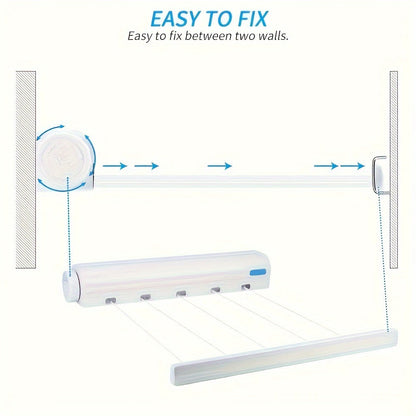 5-Line Retractable Clothesline - 3.75 Meters of Durable Plastic Laundry Line for Indoor Use in the Bedroom, Bathroom, and Living Room - Space-Saving Invisible Drying Rack for Clothes, Towels, and Pants.