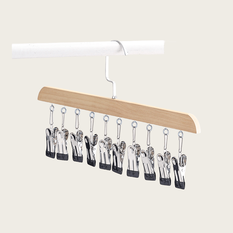 Wooden hanger and hat rack with 10 stainless steel clips for organizing underwear, ties, bras, scarves, belts, and more in the bathroom, bedroom, closet, wardrobe, or home storage.