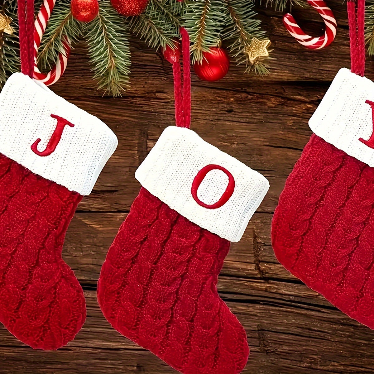 Knitted Christmas stocking with letter design - ideal for tree decor and holiday gifts, made of durable polyester for festive charm.