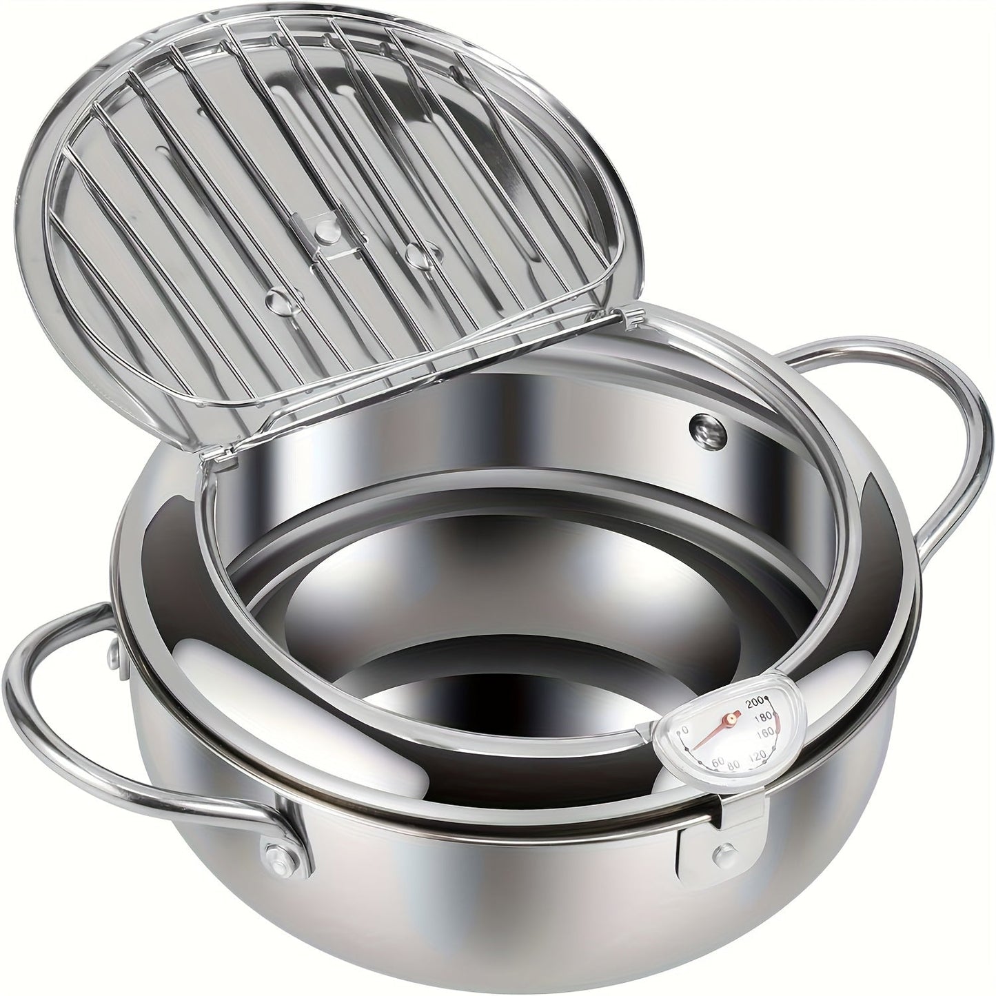 Deep fry your favorite delicacies with ease using this stainless steel pot. Featuring a large capacity of 2.2L and a temperature display, this pot is ideal for frying chicken, fries, and more. It is compatible with gas stoves, induction cookers, and