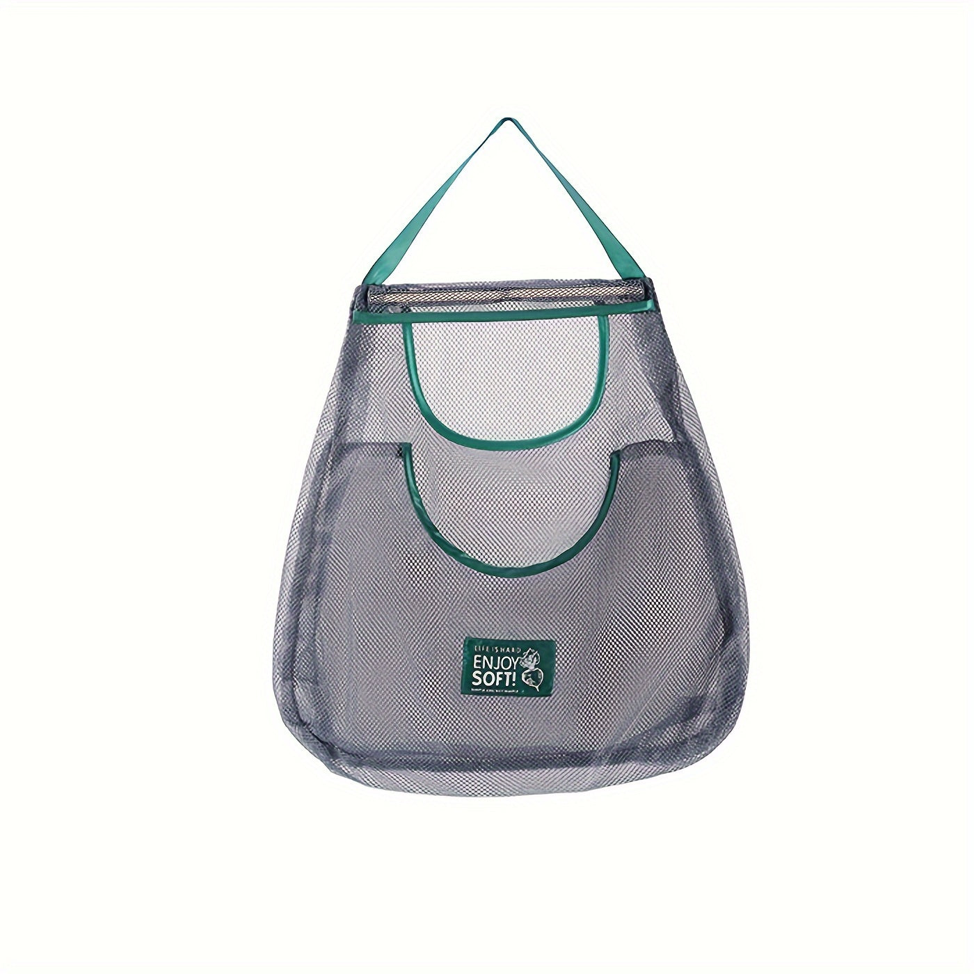 One piece of a mesh hanging bag ideal for storing a variety of items, including garlic, ginger, onion, fruits, and vegetables. This breathable and hangable bag is a versatile storage solution for your kitchen supplies.