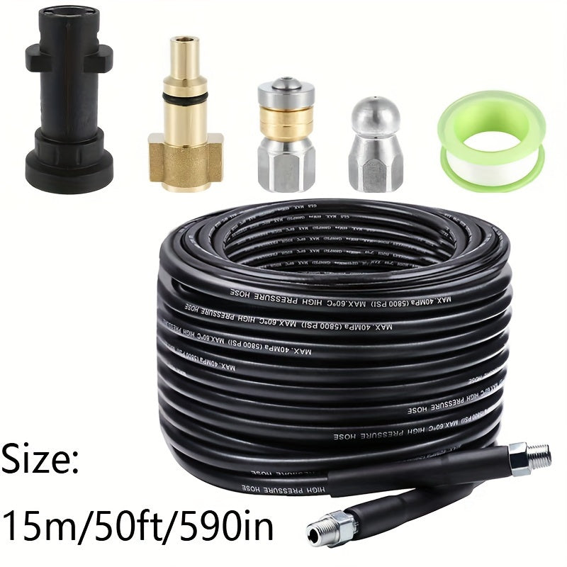 Powerful sewer jetter kit with 1/4" nozzle for clearing pipes and gutters. Available in 6m/20ft, 10m/33ft, 15m/50ft, 30m/100ft, and 45m/150ft sizes.