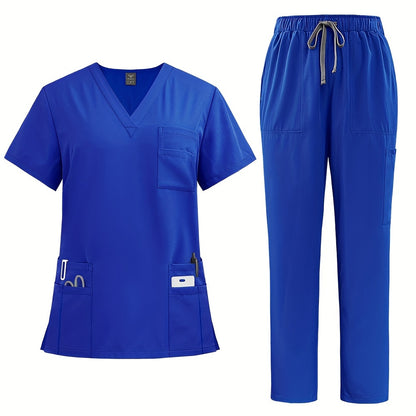 Women's polyester fitted workwear with patch pockets, straight leg pants for doctors and nurses, machine woven.