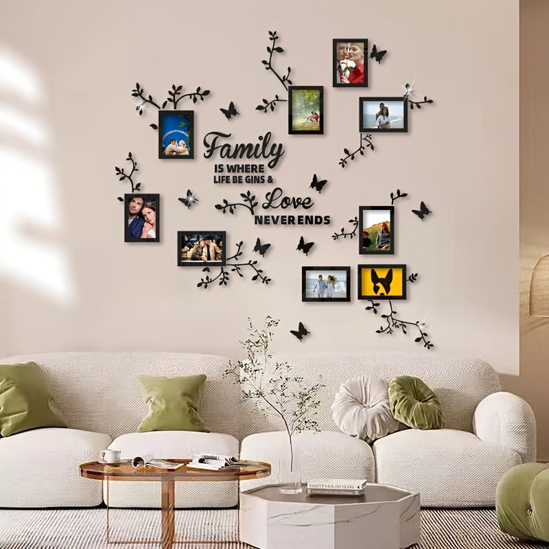 A puzzle sticker set with flower branches, butterflies, and 9 photo frames for DIY wall decoration in various spaces.