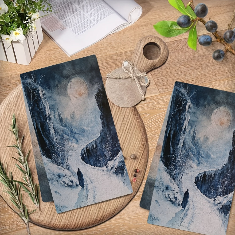 Two pieces of ultra soft kitchen towels featuring the Painted World of Ariandel design. These highly absorbent and machine washable dish hand towels measure 40.64x60.96 cm, making them ideal for holiday decor and drying dishes.