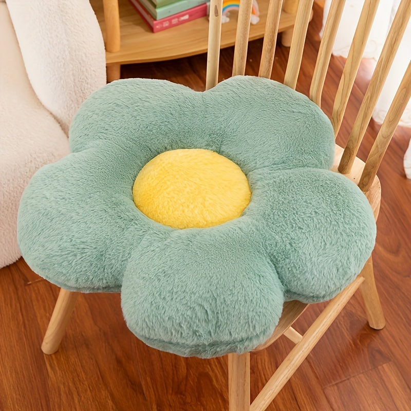 Cute flower plush pillow seat cushion in yellow, pink, and blue. Machine washable, cozy seating addition for home decor and reading spaces. Soft acrylic filling and decorative pillows in contemporary floral design.