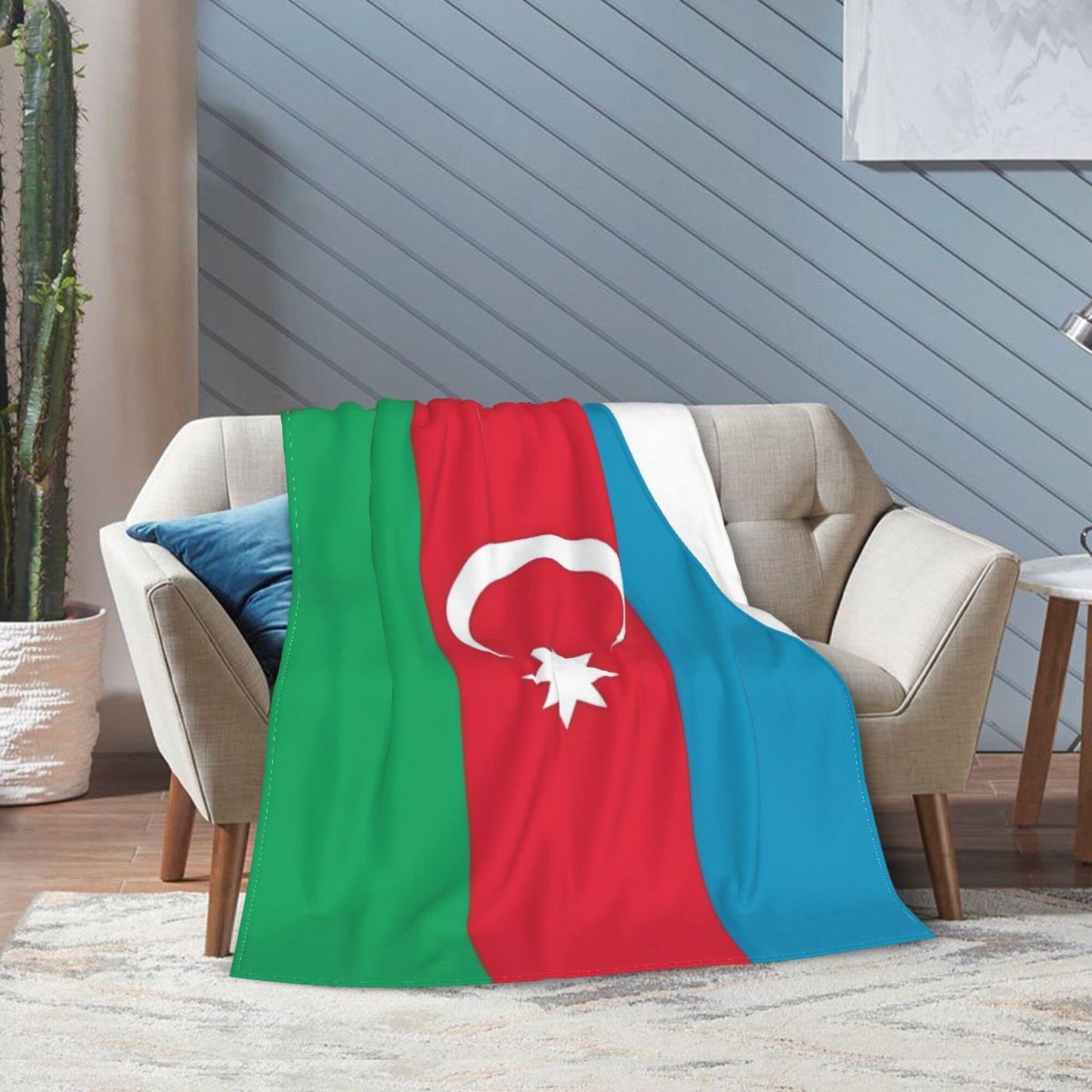 Stay cozy with this Azerbaijan Flag Flannel Throw Blanket! Perfect for all seasons, this blanket features a glamorous style with a digital print of the Azerbaijani flag. Made of non-woven polyester and weighing between 250-300gsm, this blanket is both