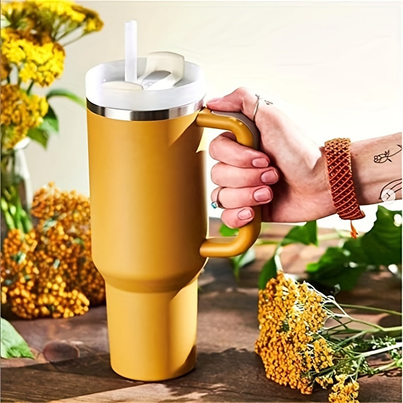 Large stainless steel vacuum tumbler with straw, ideal for camping, school, and sports - creative and portable.