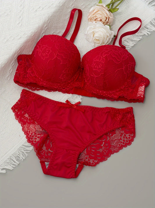 Floral lace lingerie set with bow detail and comfortable underwire bra.