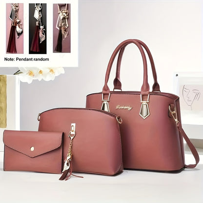 Women's elegant 3-piece handbag set with flowing tassel shoulder bag, crossbody bag, and stylish PU leather tote and sling bag. Ideal gift for festivals and work.