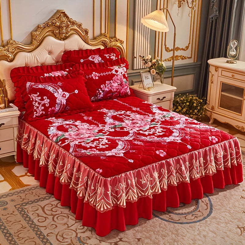 Experience a cozy sleep with our luxurious Crystal Velvet Bed Skirt Set. This 3-piece set includes pillowcases with a beautiful floral design. Machine washable for easy care, it provides a comfort fit with non-slip technology and full coverage.