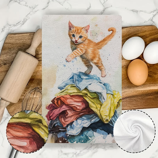 Set of 2 Kitchen Towels, featuring a playful kitten leaping onto a pile of laundry design. These towels are ultra soft, highly absorbent, and perfect for holiday decor. They are machine washable and measure 16x24 inches. Item #2KYSYS1218613