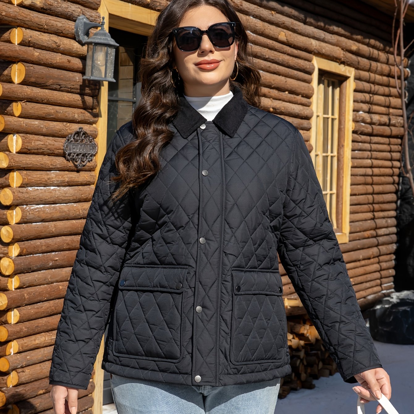 Stylish plus size lapel jacket in warm polyester with pockets for fall/winter. Quilted design, machine washable, and durable for everyday wear.