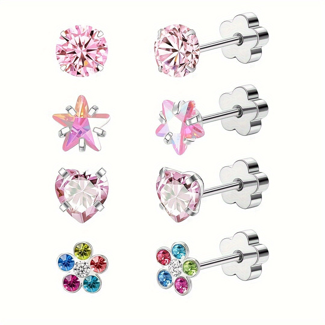 These hypoallergenic flat back earrings are perfect for women with sensitive skin. Made of Star Heart protein stone, they feature a European screw back design and are available in pink, silver, and AB colors. Suitable for men, women, and girls alike.