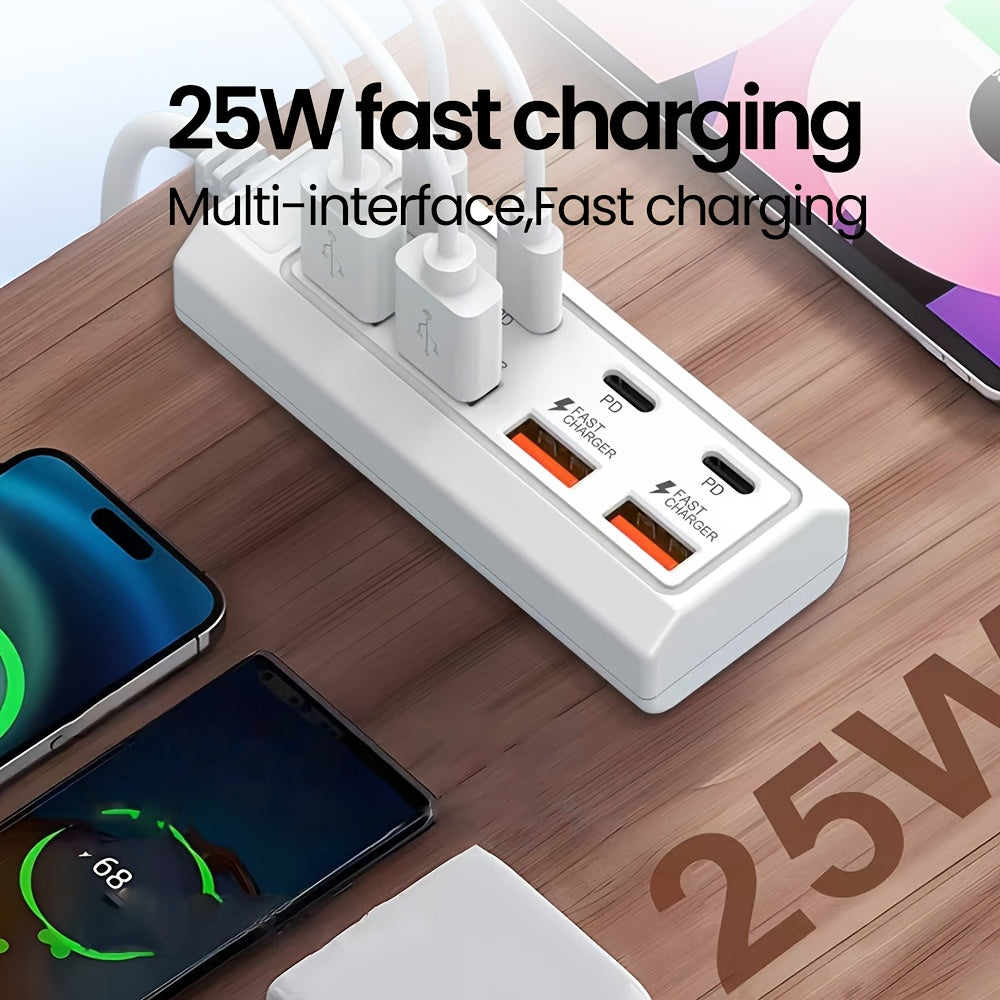 8-port USB adapter with 4 USB and 4 PD ports, 25W fast charging hub compatible with various USB devices and suitable for 5V devices like computers, laptops, and tablets.