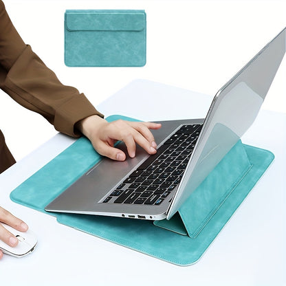 Leather laptop sleeve with stand, ergonomic and water-resistant, fits 13.3, 14.1 inch notebooks - solid pattern.