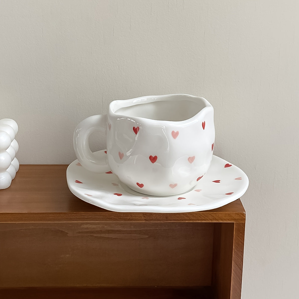 Valentine's Day Love Irregular Coffee Cup and Saucer with a unique hand-kneaded texture. Ideal for home decor, drinking water, afternoon tea, coffee, cake, couple dates, candlelight