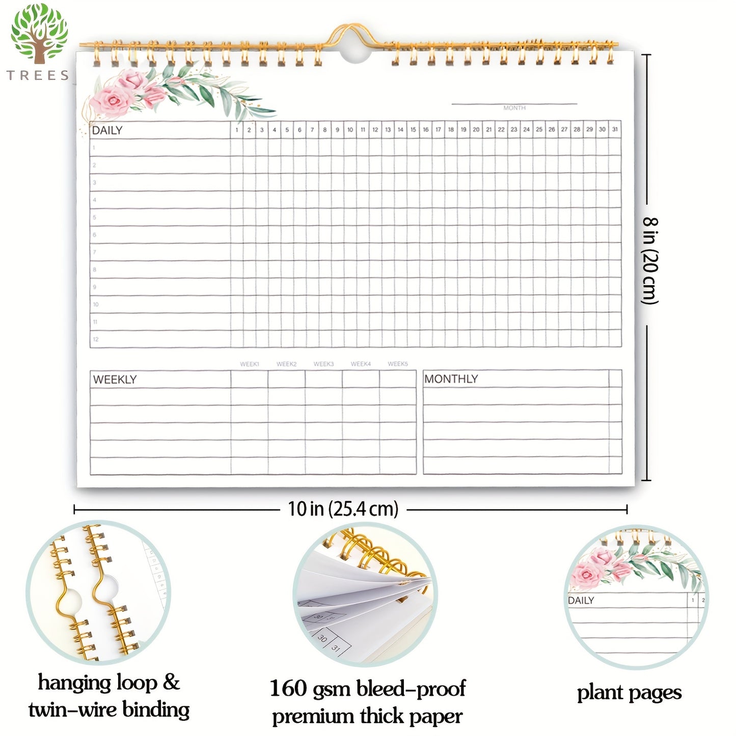 Spiral-bound Habit Tracker Planner with Plant Pages for Productivity Boost, Undated, 25.4*20.32 Cm, 160gsm Paper