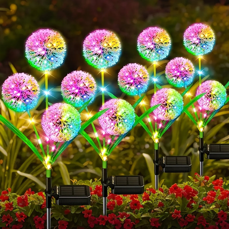 Dandelion LED plant stake light powered by solar energy, splashproof, ideal for outdoor gardens and yards.