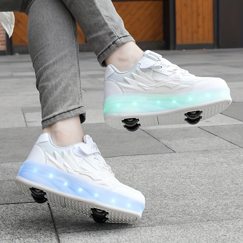 Stylish low top roller shoes with LED lights for girls, lightweight and breathable with anti-slip wheels for all seasons, suitable for indoor and outdoor use.