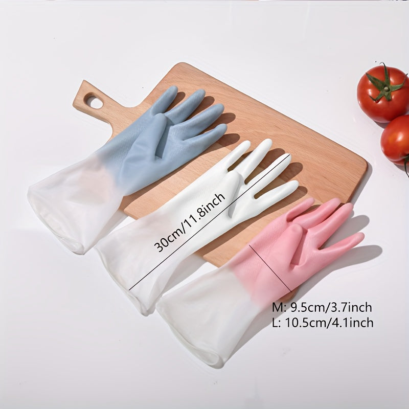 Three pairs of high-quality household cleaning gloves for premium protection. These waterproof kitchen gloves are perfect for dishwashing and other housework tasks. Their non-slip design makes them ideal for a variety of cleaning tasks, including laundry