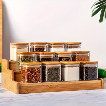 12-piece square glass spice jar set with waterproof labels and whiteboard marker. Made of heat-resistant borosilicate glass for salt, pepper, sugar. Includes bamboo lids, dishwasher safe