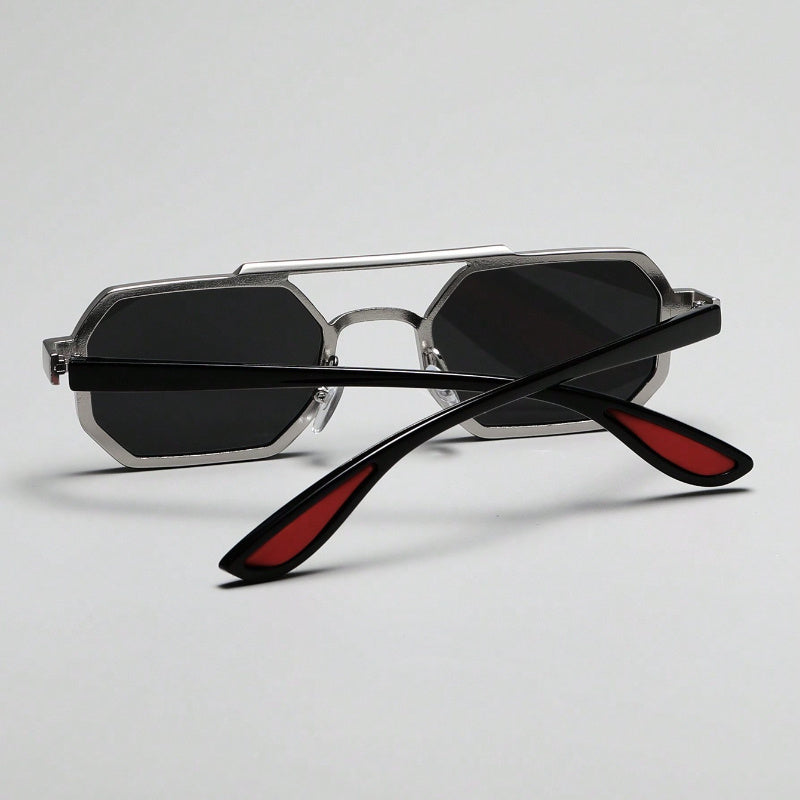 A unisex metal geometric frame glasses that can complement various outfits like sweaters, jackets, sweatshirts, and hoodies, serving as decorative eyewear.