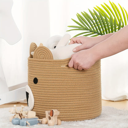 Durable Large Bear-Face Woven Toy Basket in Neutral Brown - Perfect for Clothes & Toy Storage in Nursery and Living Room