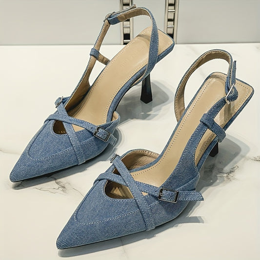 Blue cross strap women's high heel fashion sandals with pointed toe and hollow head.